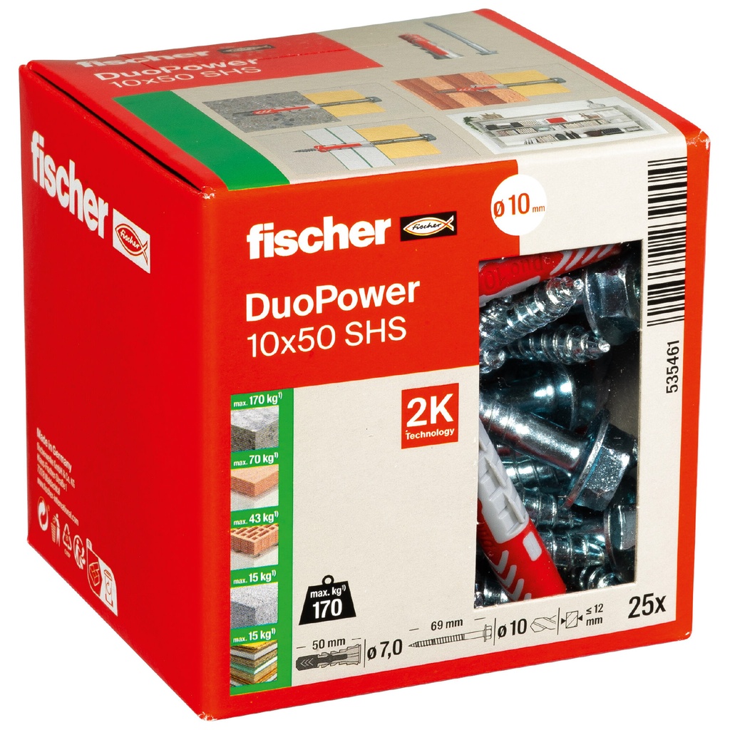 Kaiščiai su varžtu Fischer DuoPower 10 x 50 S 25 vnt.