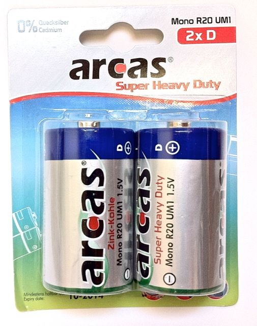 Elements, carbon zinc, D, R20, ARCAS, 2 pcs.