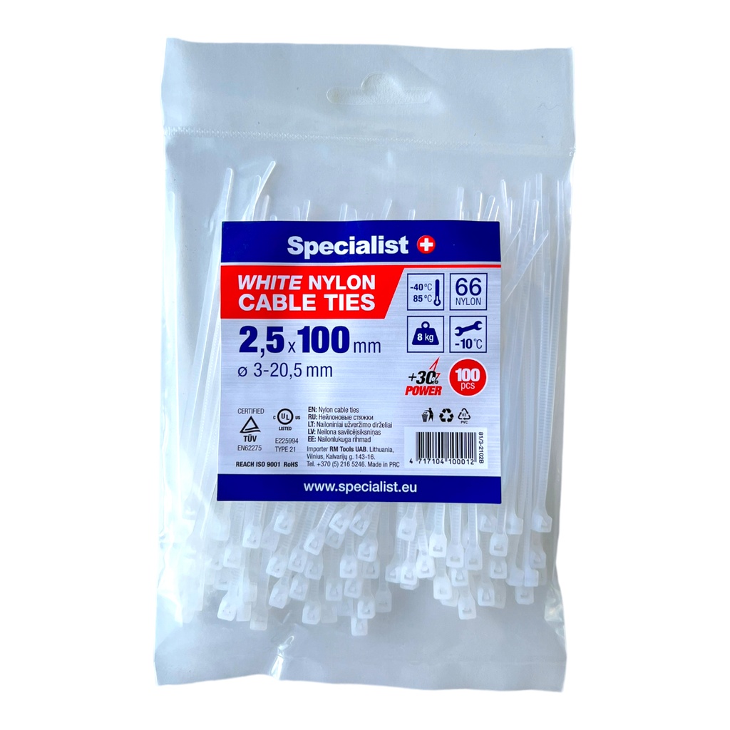 SPECIALIST+ nailonist kaabliside, valge, 2.5x100 mm, 100 tk