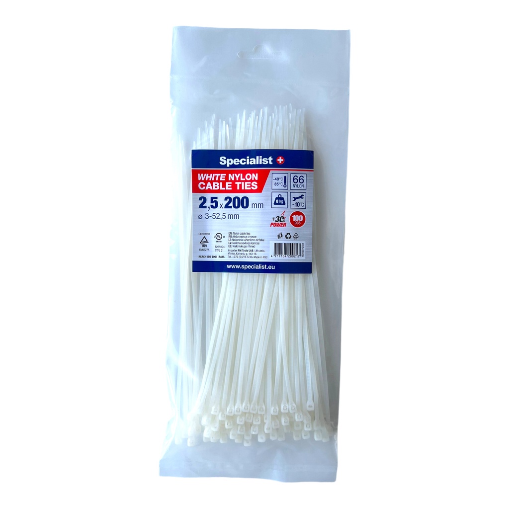 SPECIALIST+ nailonist kaabliside, valge, 2.5x200 mm, 100 tk