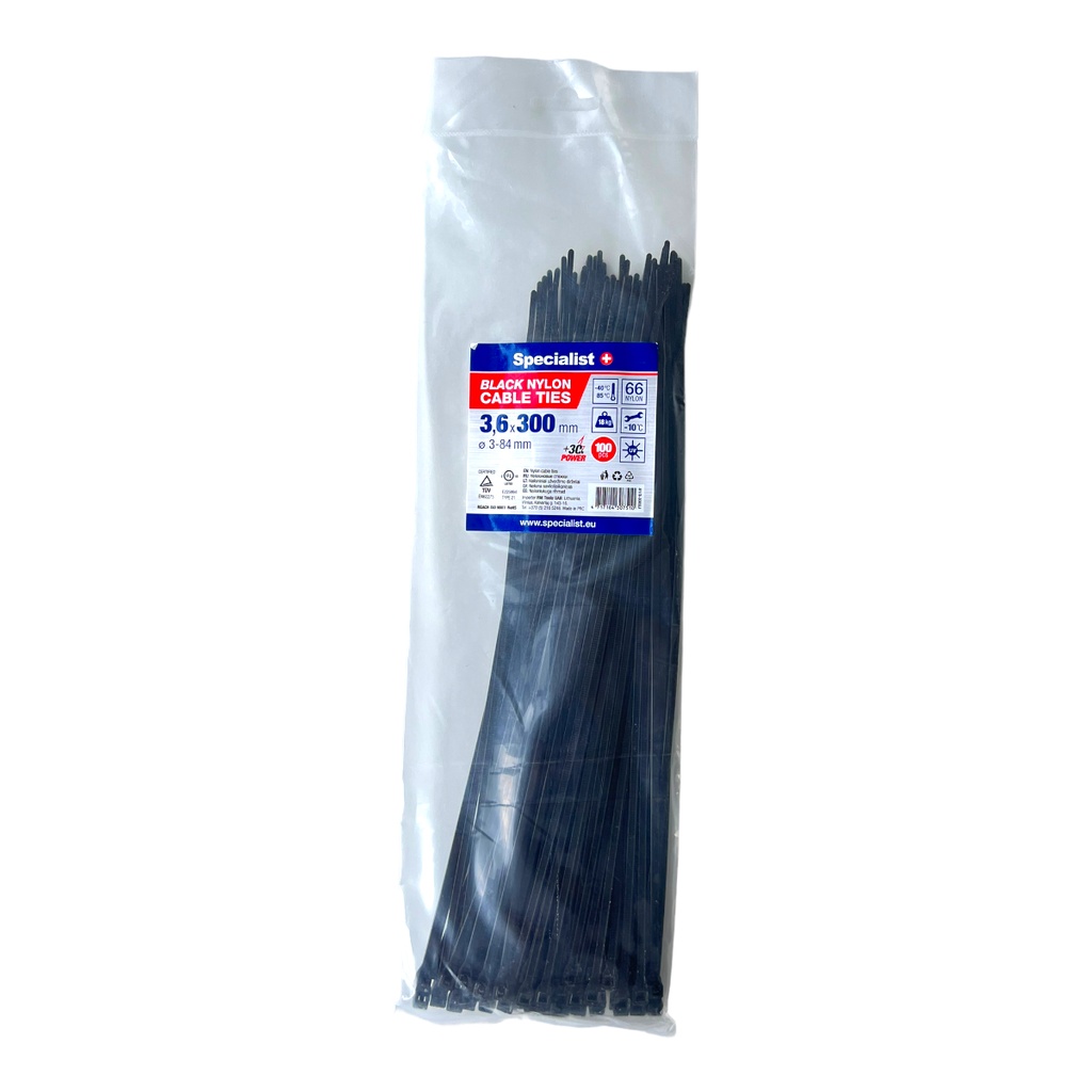 SPECIALIST+ nailonist kaabliside, must, 3.6x300 mm, 100 tk