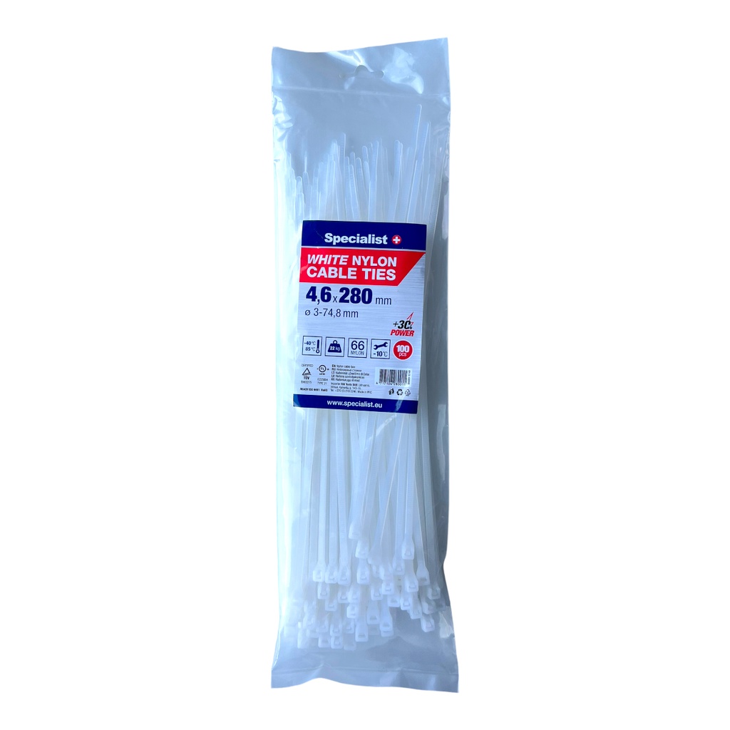 SPECIALIST+ nylon cable ties, white, 4.6x280 mm, 100 pcs