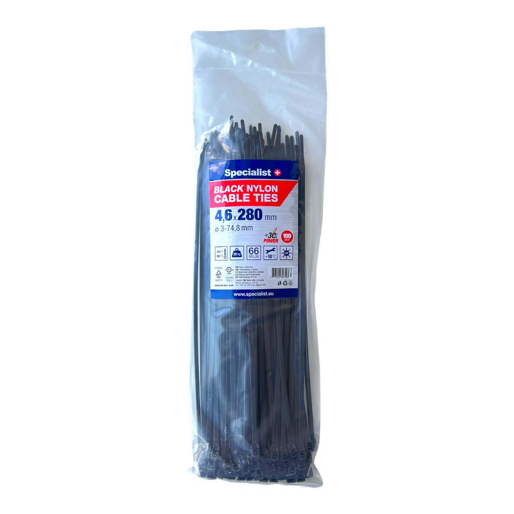 SPECIALIST+ nailonrihm, must, 4.6x280 mm, 100 tk