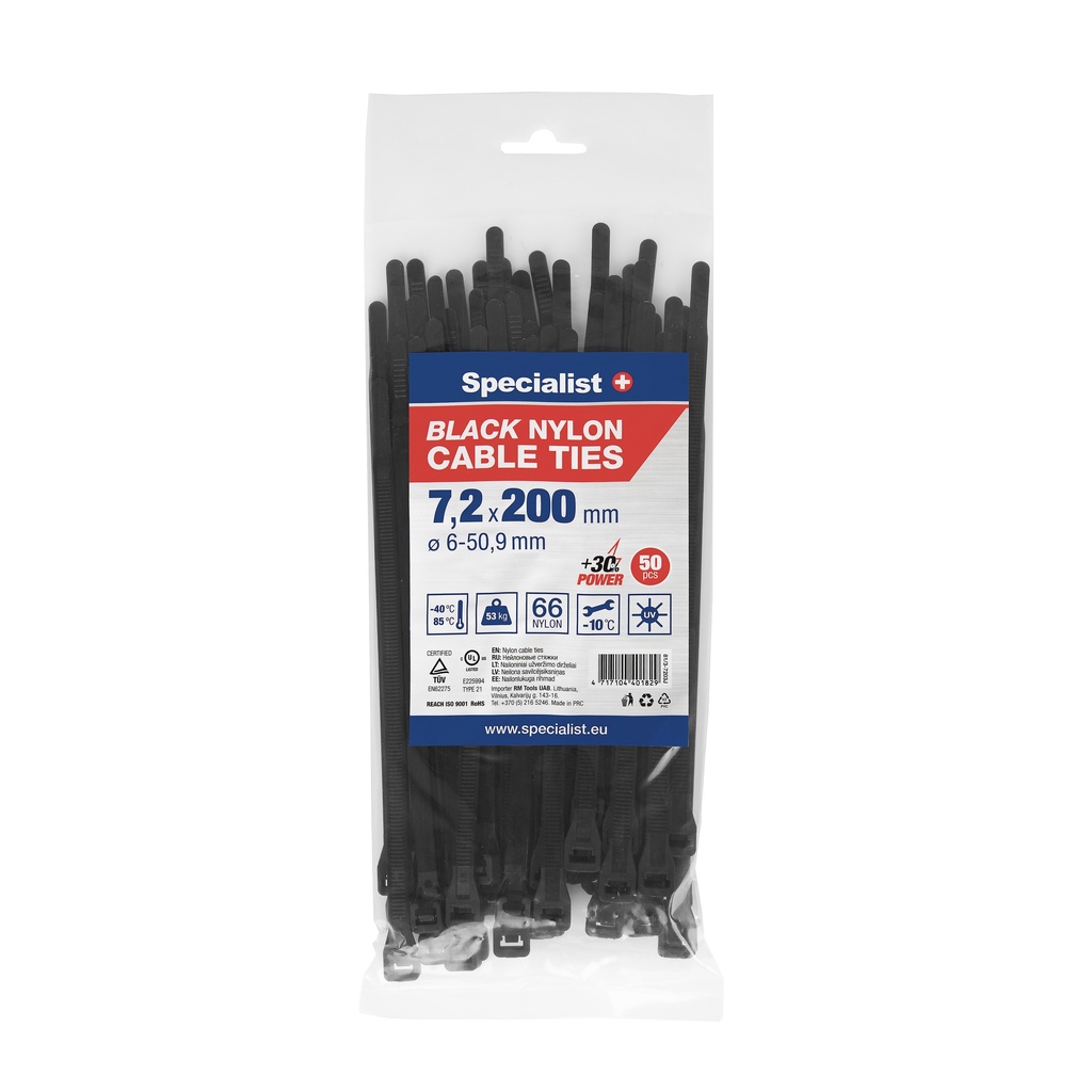 SPECIALIST+ nylon cable ties, black, 7.6x200 mm, 50 pcs