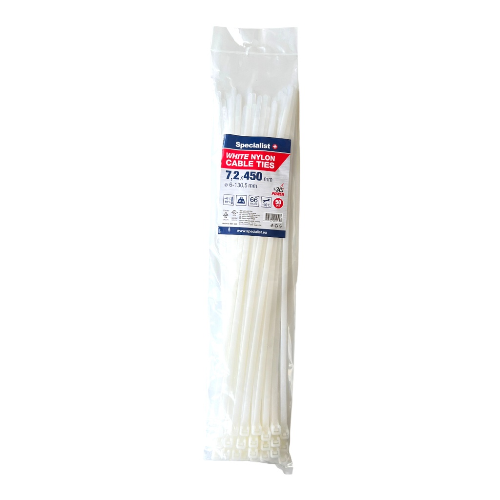SPECIALIST+ nylon cable ties, white, 7.2x450 mm, 50 pcs