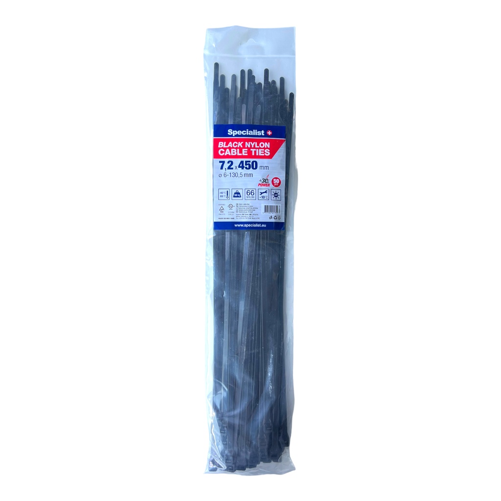 SPECIALIST+ nylon cable ties, black, 7.6x450 mm, 50 pcs