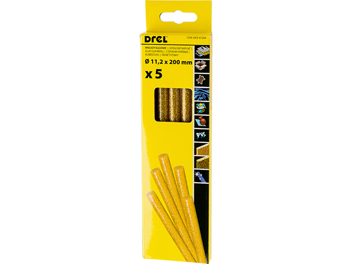 Hot glue sticks 11,2 mm × 200 mm,  with sequins, gold-colored, 5 pcs.