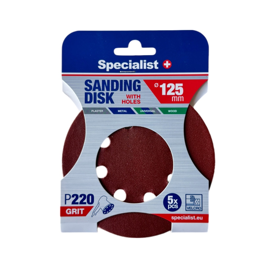 SPECIALIST+ smilšpapīrs ar caurumiem P220, 125 mm, 5 gab.