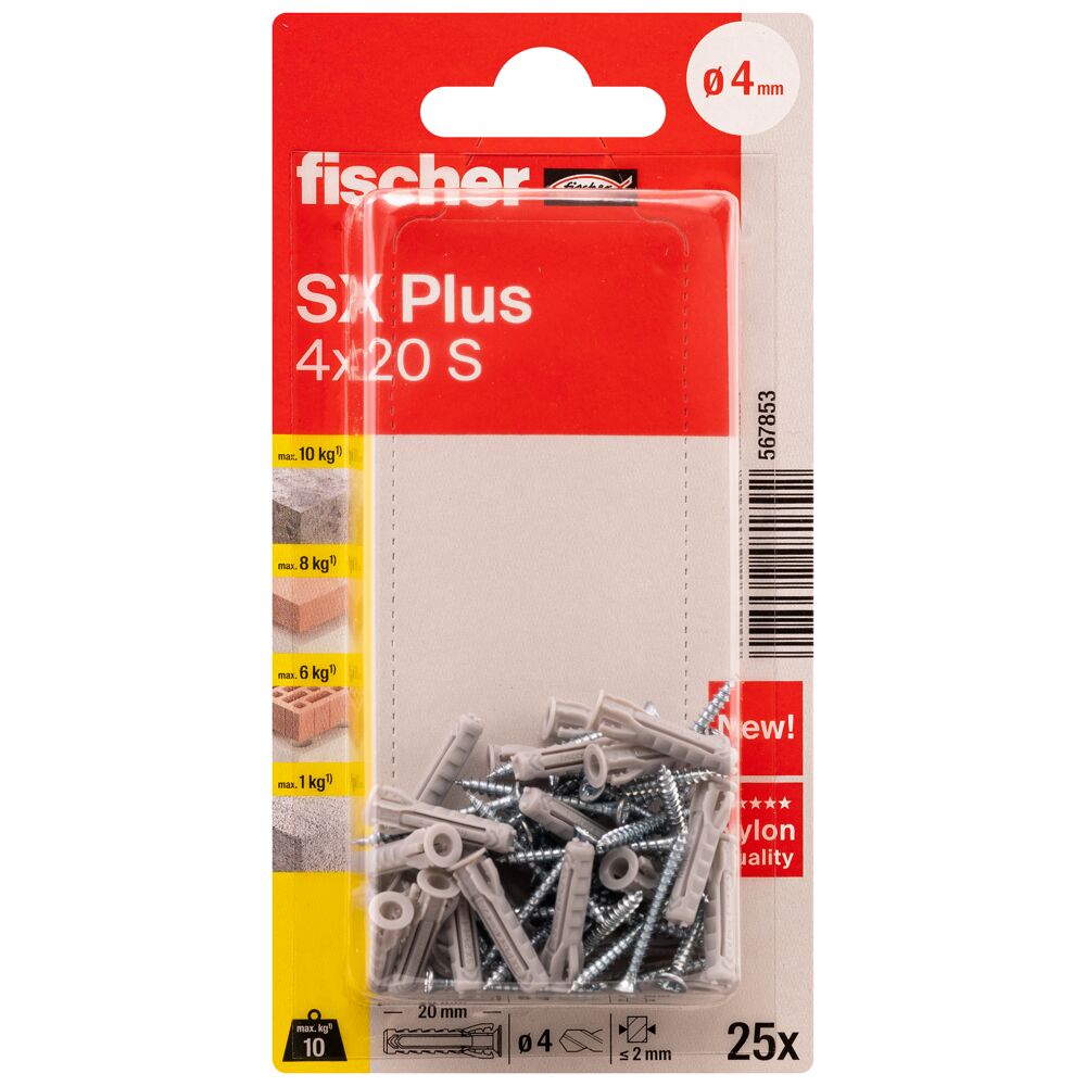 FISCHER paplašināšanas kontaktdakša SX Plus S ar skrūvi, 4x20 mm, 25 gab.