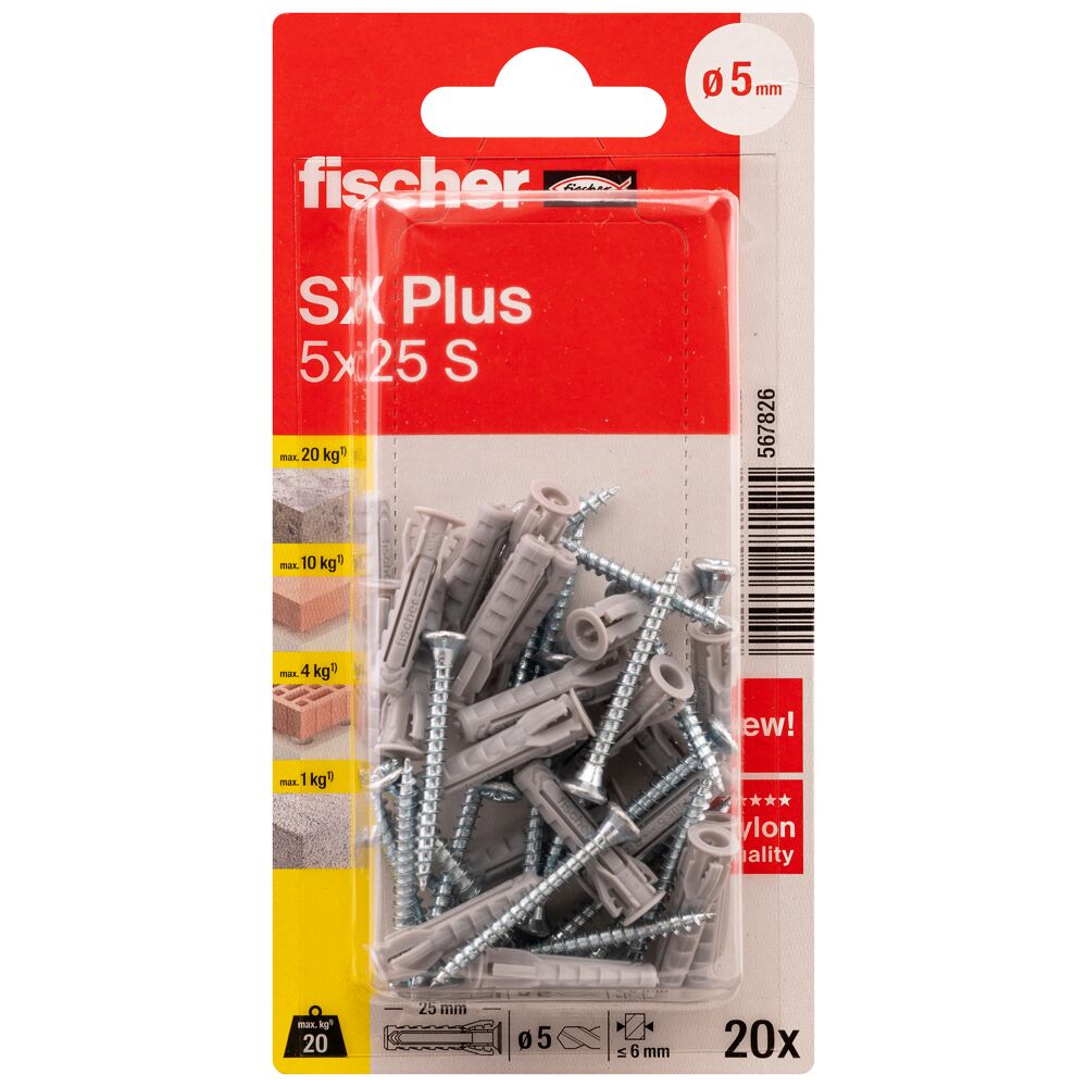 FISCHER expansion plug SX Plus S with screw, 5x25 mm, 20 pcs.