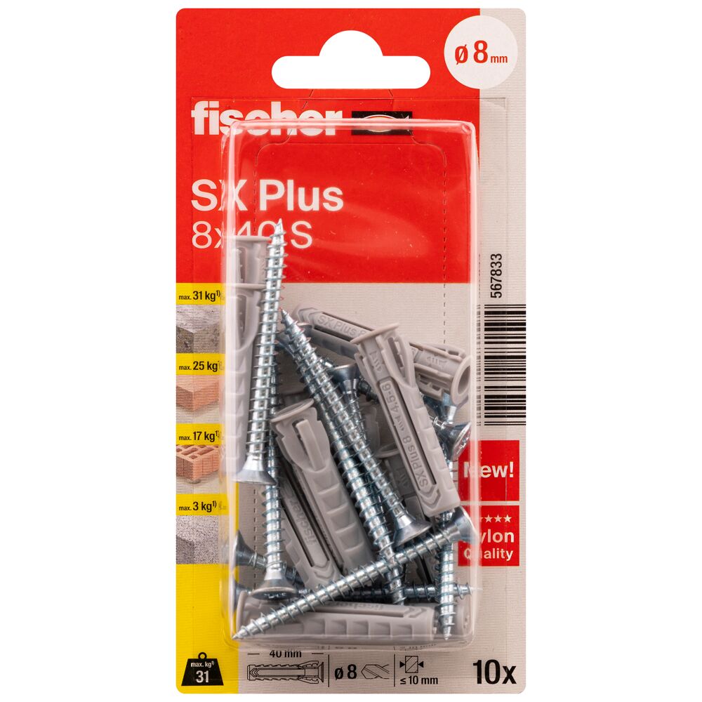 Fischer tüübel kruviga SX Plus S 8x40 mm, 10 tk