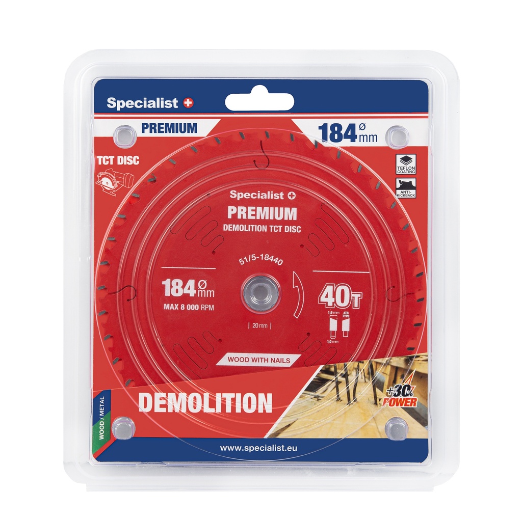 Pjovimo diskas 184x40Tx20/16mm, Demolition PREMIUM, SPECIALIST+