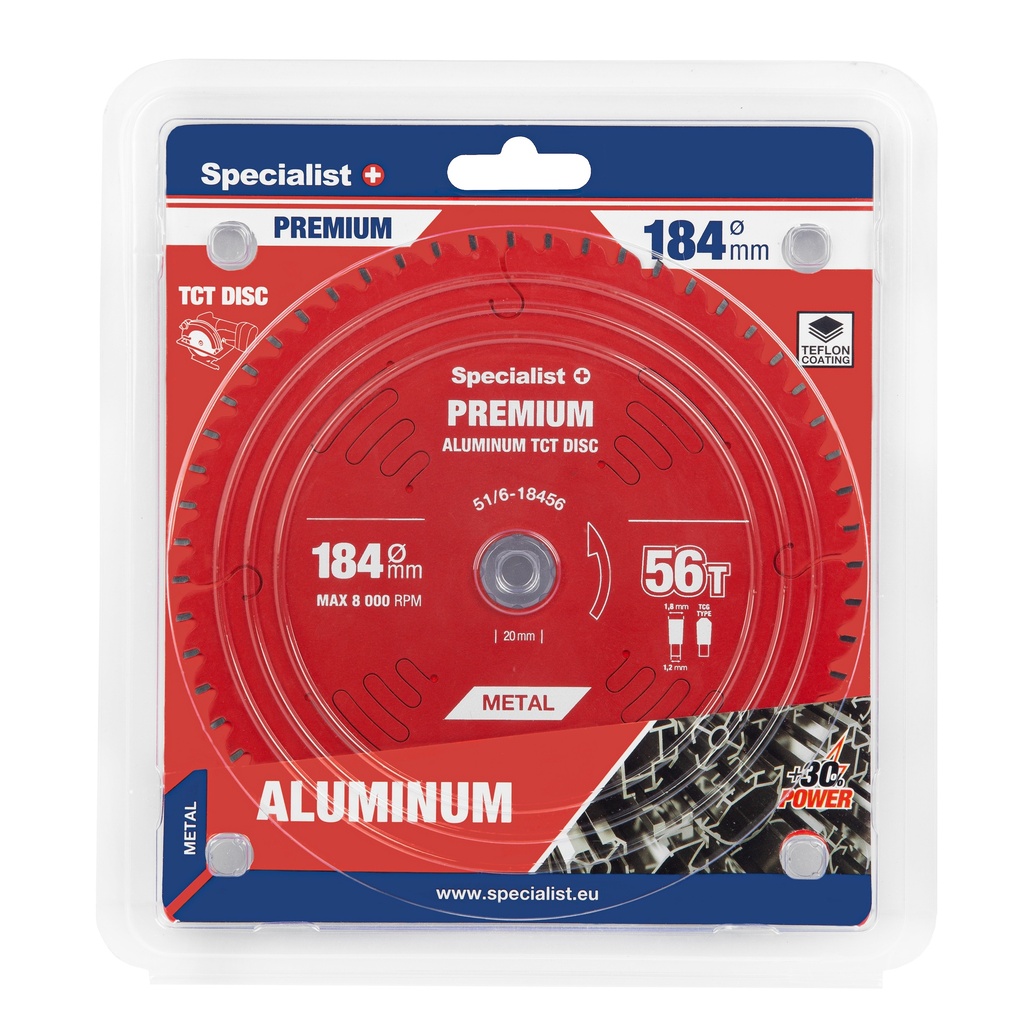 Griešanas disks 184x56Tx20/16mm, Aluminium PREMIUM, SPECIALIST+