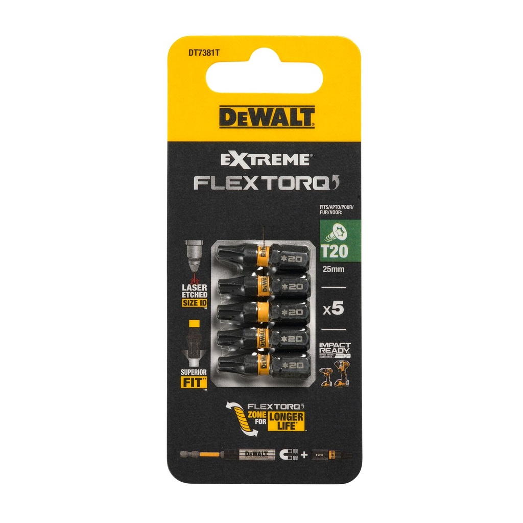 FLEXTORQ skrūvgriežu uzgaļi T20 25 mm, DeWALT, 5 gab.