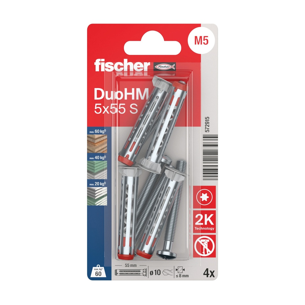 Õõnesseinade tüübel DuoHM 5x55 S PH TX, Fischer, 4 tk.