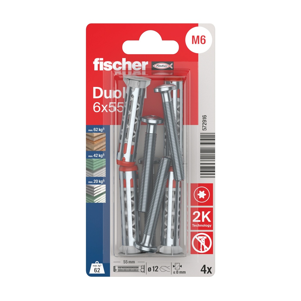 Tuščiavidurių konstrukcijų kaištis DuoHM 6x55 S PH TX, Fischer, 4 vnt.  