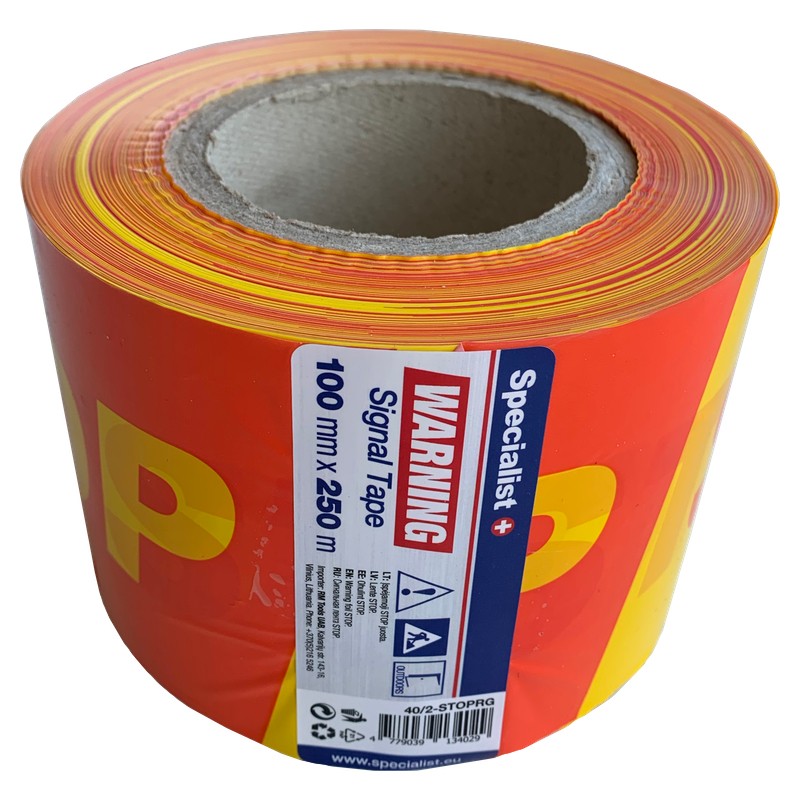 SPECIALIST+ juosta „STOP“, 100 mm x 250 m, raudona/geltona