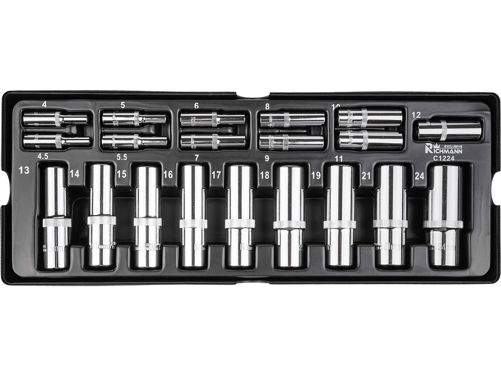 TRAY - DEEP SOCKETS 4-24MM, 1/4', 1/2', 20 PCS