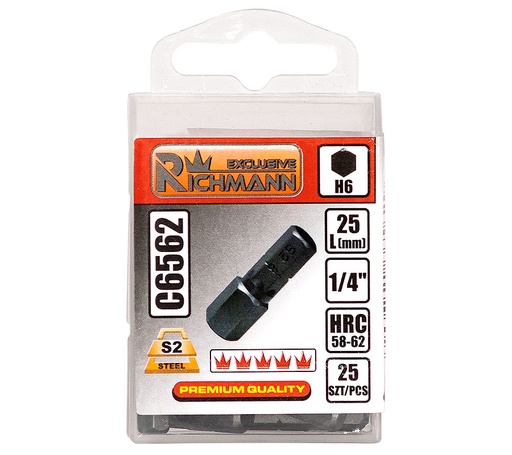 [42-C6562] 1/4" uzgalis HEX 6x25 mm