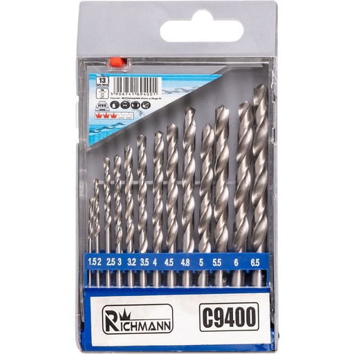 [42-C9400] Metalo grąžtų rinkinys 1,5-6,5 mm 12 vnt
