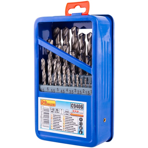 [42-C9406] Metalo grąžtų rinkinys 1-13 mm 25 vnt