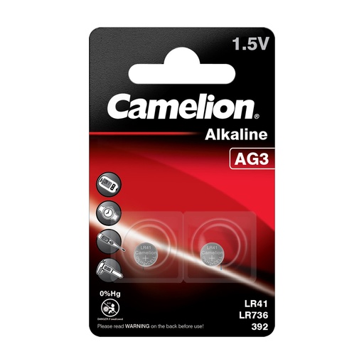 [44/3-173394] Bez dzīvsudraba mikroelementi, LR41/AG3, 1.5V, CAMELION, 2 gab.