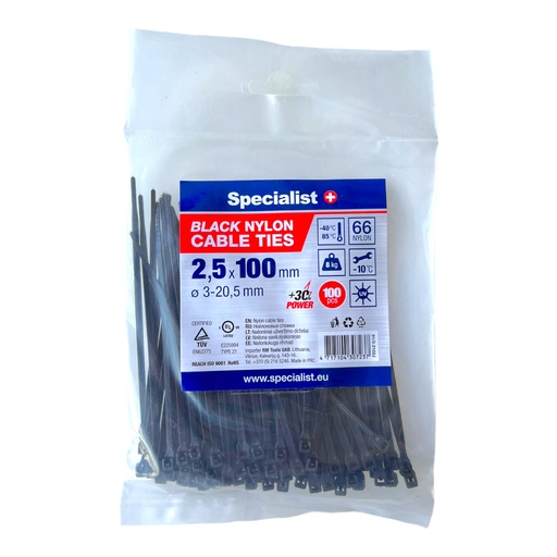 [81/3-2102J] SPECIALIST+ nailonist kaabliside, must, 2.5x100 mm, 100 tk