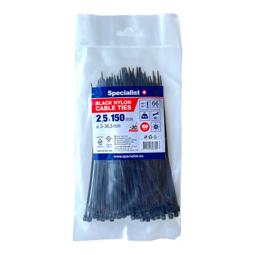 [81/3-2140J] SPECIALIST+ nylon cable ties, black, 2.5x150 mm, 100 pcs