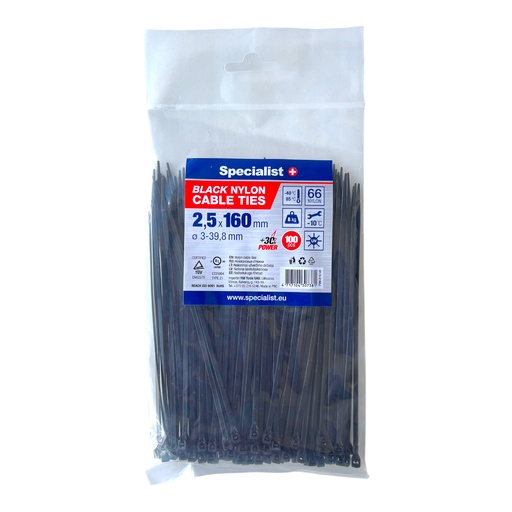[81/3-2160J] SPECIALIST+ nylon cable ties, black, 2.5x160 mm, 100 pcs