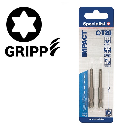 [24/2-069] SPECIALIST+ uzgalis TORX GRIP T20, 50 mm, 2 gab.