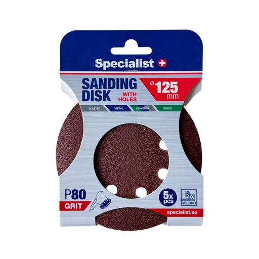 [250-2080] SPECIALIST+ velcro sanding disks with holes P80, 125 mm, 5 pcs