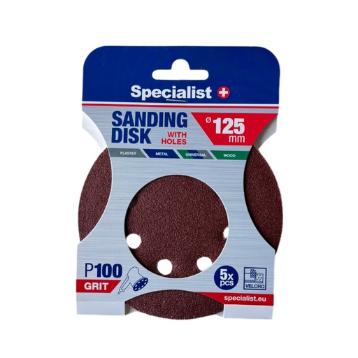 [250-2100] SPECIALIST+ velcro sanding disks with holes P100, 125 mm, 5 pcs