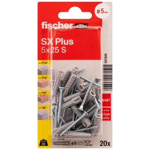 [61-567826B] FISCHER laienduspistik SX Plus S koos kruviga, 5x25 mm, 20 tk.
