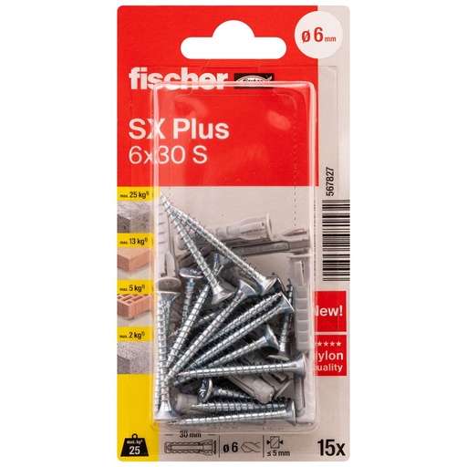 [61-567827B] FISCHER laienduspistik SX Plus S koos kruviga, 6x30 mm, 15 tk.