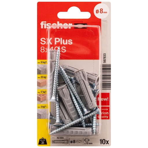 [61-567833B] FISCHER laienduspistik SX Plus S koos kruviga, 8x40 mm, 10 tk.