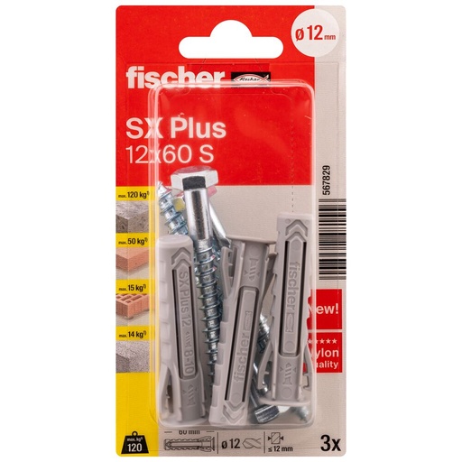 [61-567829B] FISCHER laienduspistik SX Plus S koos kruviga, 12x60 mm, 3 tk.