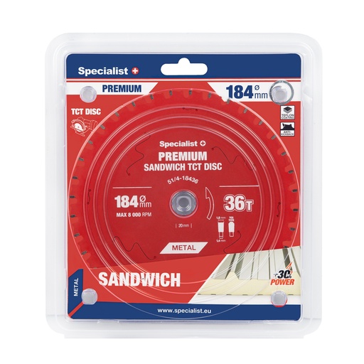 [51/4-18436] Cutting disc 184x36Tx20/16mm, Sandwich PREMIUM, SPECIALIST+
