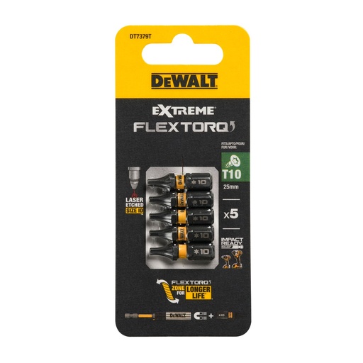 [26/5-DT7379T] FLEXTORQ skrūvgriežu uzgaļi T10 25 mm, DeWALT, 5 gab.