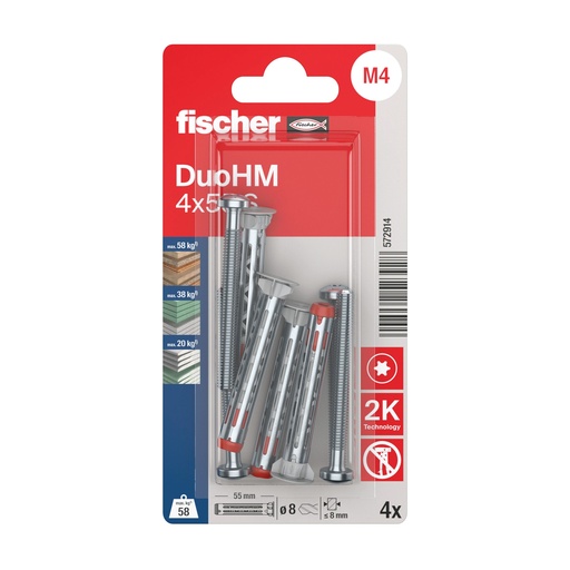 [61-572914B] Õõnesseinade tüübel DuoHM 4x55 S PH TX, Fischer, 4 tk.