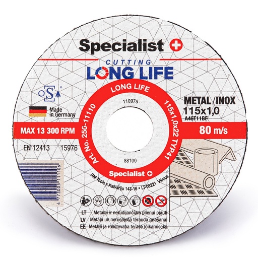 [250-11110] SPECIALIST+ metāla griešanas disks LONG LIFE, 115 x 1 x 22 mm