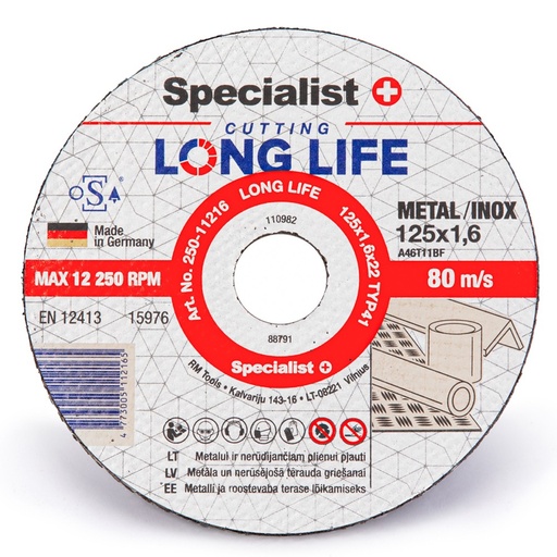 [250-11216] SPECIALIST+ metāla griešanas disks LONG LIFE, 125 x 1.6 x 22 mm