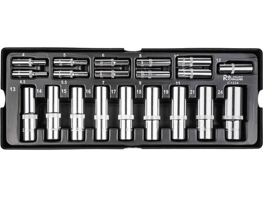 [42-C1224] TRAY - DEEP SOCKETS 4-24MM, 1/4', 1/2', 20 PCS